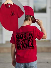 年轻男孩休闲红色圆领短袖 T 恤，印有“有问题打电话给我妈妈”格子图案 - 紅色 - 查看 5