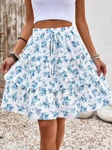 Breezaya Spring/Summer Ditsy Floral Layered Ruffle Skirt - Blue - View 1