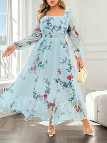 Celure Plus Size Elegant Rose Print Chiffon Waist Pleated Lantern Sleeve Dress, Suitable For Spring And Autumn,Valentine - Blue - View 4