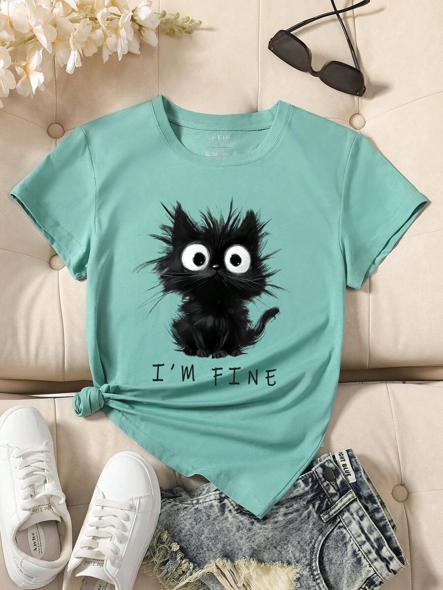 INAWLY Women's Letter & Cartoon Print Round Neck Casual Short Sleeve T-Shirt - Mint Green - View 1