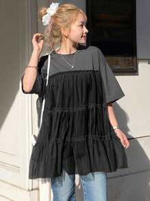 FRIFUL Women's Contrast Color Mesh Splicing T-Shirt, 2 In 1 - Black - View 4