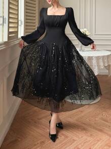 DAZY 春季婚礼宾客优雅方领泡泡袖拼接中长连衣裙，秋季长袖连衣裙，奢华亮片舞会礼服 - 黑色 - 查看 5