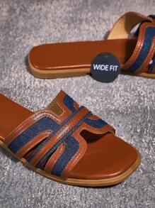 SHUZIA Glamorous Multi Color Tan Navy Pu Leather Wide Fit Fashionable Summer H Style Sandal Slide Shoe - Navy Blue - View 6