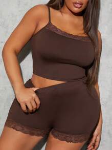 SHEIN SXY Plus Size Women 2Pcs Set Solid Color Casual Versatile Lace Patchwork Spaghetti Strap Tank Top & Shorts Sets, Suitable For Everyday Wear - Brown - View 3