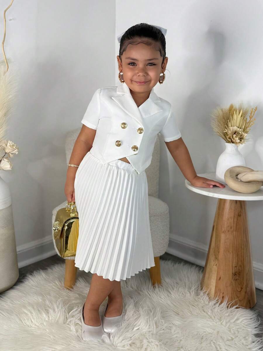 SHEIN Conjunto de look casual de moda para niña - Chaqueta de cárdigan de manga corta de unicolor y falda plisada - Blanco - Ver 1