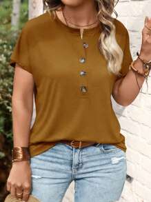 SHEIN LUNE Plus Size Women Fashion Button Collar Short Sleeve T-Shirt - Brown - View 5