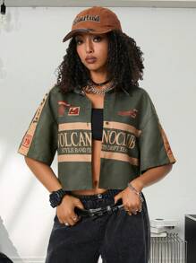 Coolane Women's Ricing Back To School Festival Sport Graphics Crop Loose Green Shirts,Short Sleeve Tops - Army Green - View 5