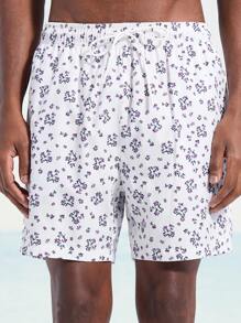 Manfinity VDAYZ Pantalones cortos de playa casuales para hombre con estampado completo, cintura con cordón y bolsillos