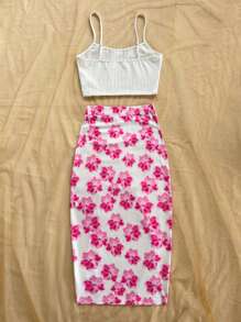 Soleia 2 件套女士节日针织短款背心和花卉印花抽绳开叉裙套装，适合节日、约会、下午茶、度假、音乐节、波西米亚风