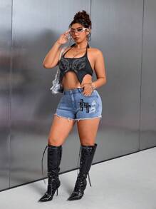 SHEIN ICON Women Plus Size Washed Blue 3D Printed Denim Shorts Shorts Jeans Woman Summer Shorts Summer For Women Festival - Medium Wash - View 2