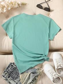 INAWLY Women's Letter & Cartoon Print Round Neck Casual Short Sleeve T-Shirt - Mint Green - View 2