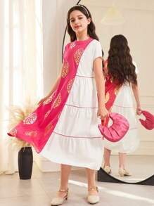 SHEIN Tween Girl Oversized Casual Pattern Foil Print Color Block Layered Round Neck Dress - Pink - View 5