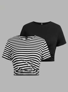 SHEIN Essnce 大码女装春夏时尚休闲舒适日常百搭修身黑色条纹短袖短 T 恤 2 件装，曲线可爱上衣，Y2k 服装，女式外出上衣，短款上衣，度假装，欧洲夏季 - 彩色 - 查看 1