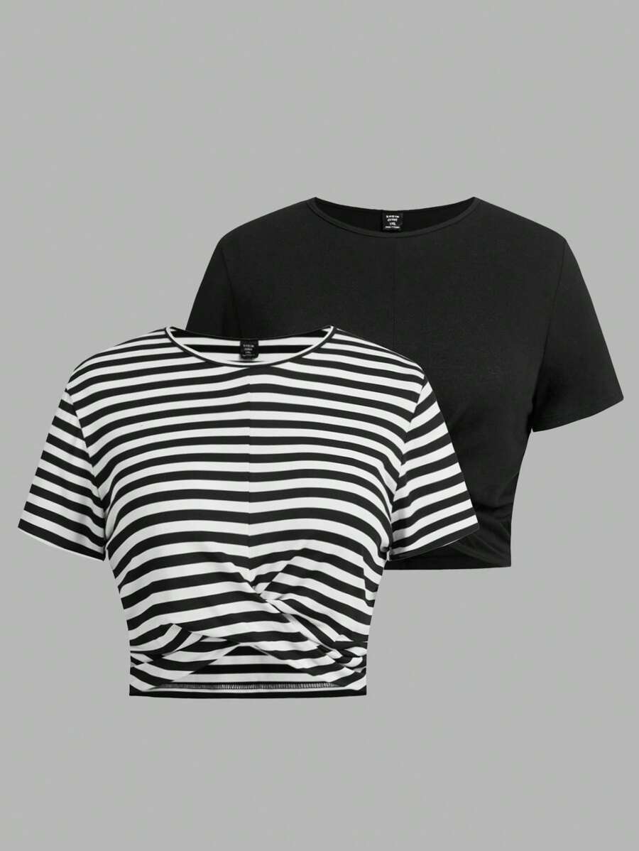 SHEIN Essnce 大码女装春夏时尚休闲舒适日常百搭修身黑色条纹短袖短 T 恤 2 件装，曲线可爱上衣，Y2k 服装，女式外出上衣，短款上衣，度假装，欧洲夏季 - 彩色 - 查看 1