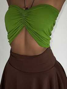 DAZY Top sin mangas con busto fruncido y cuello de halter, top ajustado para mujer, atuendo de verano y crucero Y2K - Verde - Ver 3