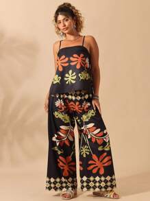 Breezaya 2 pezzi/set, Taglia oversize, Pigiama stampato con motivi tropicali, Canotta e pantaloni, Adatto per spiaggia e vacanze, Nuovo arrivo per l'estate