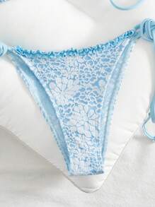 SHEIN Swim 2pcs/Set Women's Casual Vacation Ditsy Floral Textured Jacquard Fabric Frill Trim Regular Fit Bikini For Summer - Blue - View 4