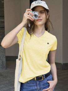 Jouncy Maglietta casual versatile da donna con stampa a pentagramma, scollo a V e maniche corte, top color giallo burro