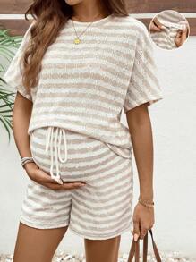 SHEIN 2pcs Maternity Striped Round Neck Short Sleeve Top And Adjustable Waist Shorts Set, Casual