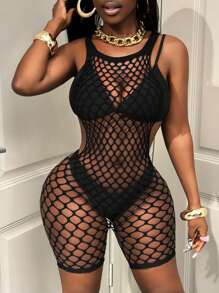 BamGleam Women's Black Crochet Hollow Out Backless Jumpsuit, Sexy Sleeveless Beach Vacation Cover Up For Summer - Black - View 1