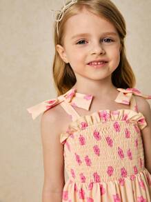 SHEIN Young Girls' Elegant Pink Ditsy Floral Strap Dress, Spring/Summer - Multicolor - View 3