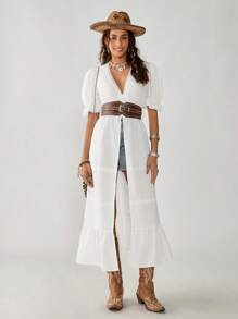 Florisole Women's Summer Contrast Lace Ruffle Hem Puff Sleeve Blouse - White - View 3