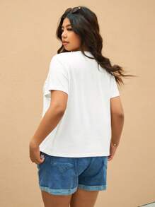 Elaquor Damen Große Größen Blume Muster Rundhals Kurzarm Lässig T-Shirt - Weiss - Übersicht 3