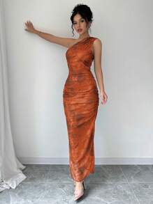 Elenzga Abito da sera di lusso da donna, abito lungo con stampa Tintura a nodi, scollo asimmetrico, senza maniche, sexy