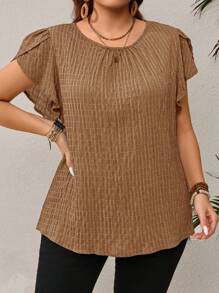 EMERY ROSE Plus Size Women's Blue Petal Sleeve Shirt, Early Spring - Khaki - View 5