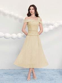 Poshira Women Jacquard Gathered Waist Pleated Cocktail Dress, Party Dress, Prom Dress - Apricot - View 7