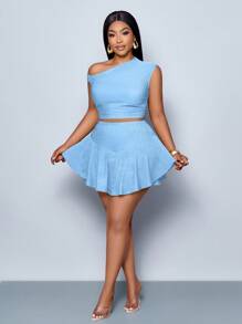 SOLERSUN Maweii Plus Size Women's Slanted Shoulder Top And Asymmetrical Culot Duo Set Valentine's Day Casual Daily Date Party Concert New Year Spring Summer Graduation Season Green Summer Women Outfit St. Patrick's Day - Baby Blue - View 4