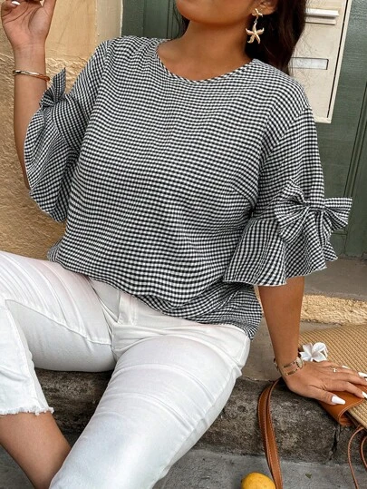 SHEIN LUNE Koszula damska w kratę z okrągłym dekoltem i kokardą, plus size, z rękawami dzwonkowymi