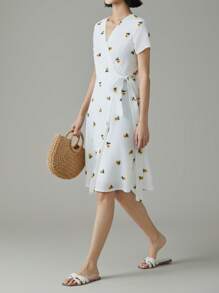 EMERY ROSE 女士花卉印花交叉 V 领短袖侧结中长连衣裙