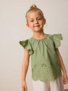 Maija Kids Maija Kids Young Girl's Spring/Summer Embroidery Hollow Out Retro Pattern Loose Ruffle Sleeve Cute Lace Decor Casual Blouse For Outwear, Home, School, Travel - Green - View 1