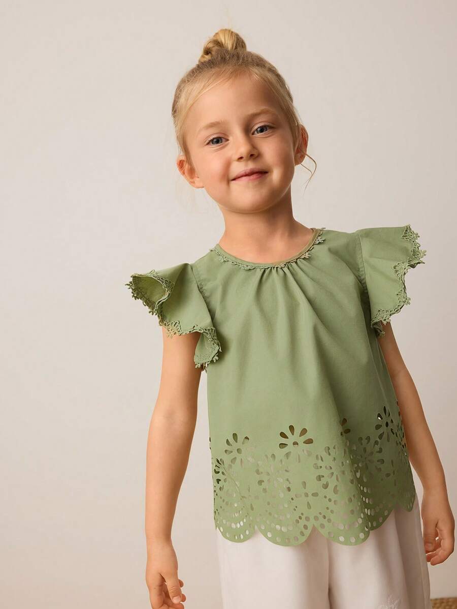Maija Kids Maija Kids Young Girl's Spring/Summer Embroidery Hollow Out Retro Pattern Loose Ruffle Sleeve Cute Lace Decor Casual Blouse For Outwear, Home, School, Travel - Green - View 1