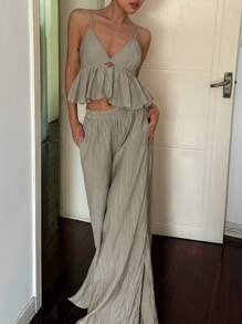 DAZY Women's Minimalist Vacation Style Textured Fabric Ruffle Strap Jumpsuit Pajama Set - Khaki - View 5