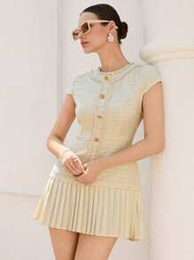 Aveloria Rosie فستان قصير نسائي ذو أكمام قصيرة ومطابق للخصر بأسلوب فرنسي عتيق أنيق، مزين بأزرار معدنية وقماش تويد في نمط رقعي، كول دائري الرقبة