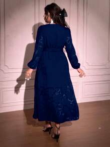 SHEIN Unity Plus Size Elegant Floral Print Long Sleeve Ruffle Hem Split Dress,Valentine - Navy Blue - View 2