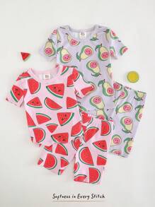 Cozy Pixies Bộ đồ ngủ 4 món vừa vặn cho bé gái: Áo thun tay ngắn cổ tròn mềm mại họa tiết động vật hoạt hình và quần short cạp chun - Nhiều màu - Xem 8