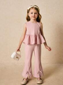 SHEIN 年轻女孩优雅粉色荷叶边下摆无袖上衣和喇叭裤套装，春夏