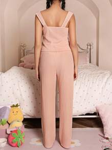 Women's Solid Color Jacquard Wide Strap Butterfly Decor Camisole And Pants Pajama Set