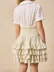 SHEIN Young Girls' Elegant Beige Drawstring Waist Multi-Layer Hem A-Line Skirt, Spring/Summer - White - View 2