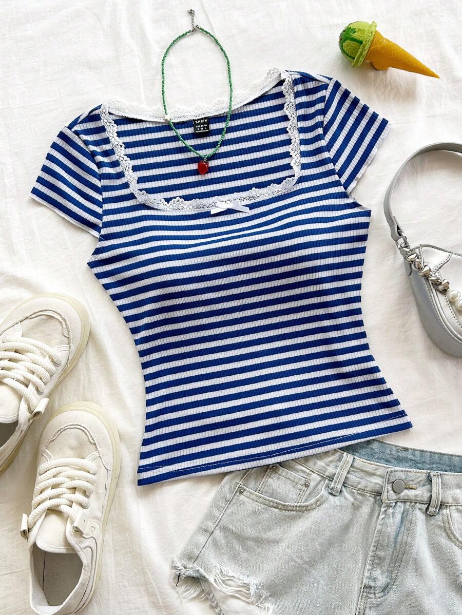 Soleia 全新蓝白条纹针织蝴蝶结装饰海滩波西米亚风音乐节夏季上衣 - 藍白色 - 查看 1