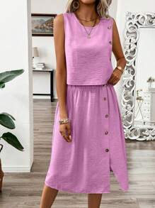 EMERY ROSE 2 stuks/set dames effen knoopontwerp mouwloze blouse en minirokset