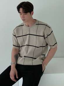 DAZY Beige Plaid Knit Sweater For Men, Summer - Khaki - View 3