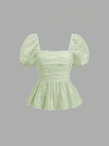 Sweetra Feminine Sweet Floral Embroidery Pleated A-Line Short Sleeve Women's Blouse, Spring/Summer