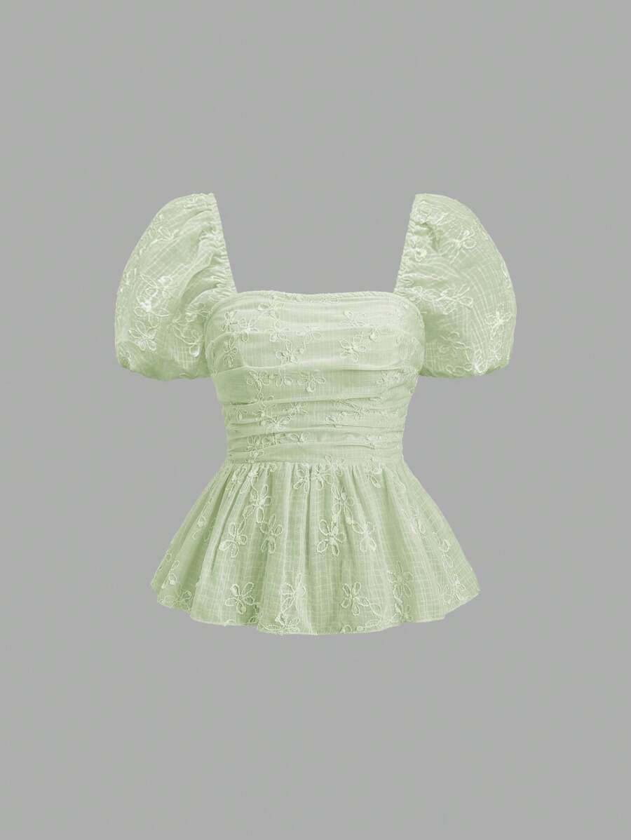 Sweetra Feminine Sweet Floral Embroidery Pleated A-Line Short Sleeve Women's Blouse, Spring/Summer