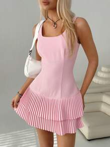 SHEIN EZwear 女式夏季拼布褶边迷你吊带背心连衣裙 - 粉色 - 查看 4