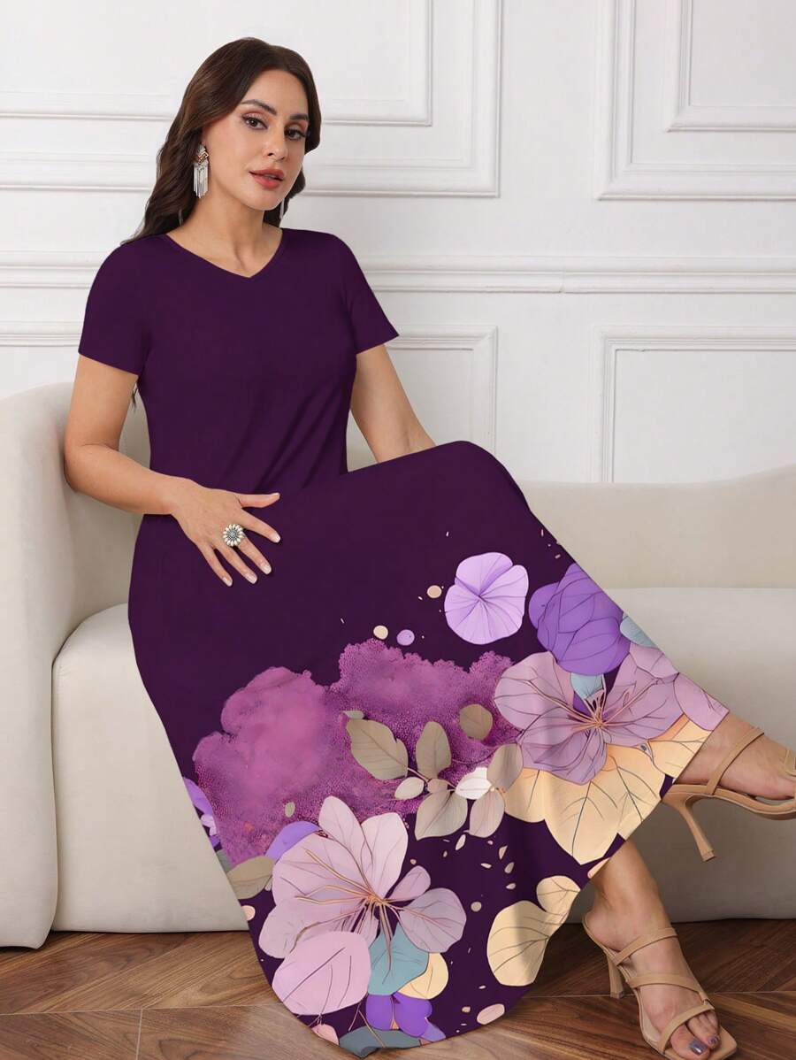 Modelyn 女式花卉印花圆领短袖休闲连衣裙 - 彩色 - 查看 1
