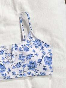 SHEIN Tween Girl Floral Print Spaghetti Strap Summer Bikini Set - Blue - View 5